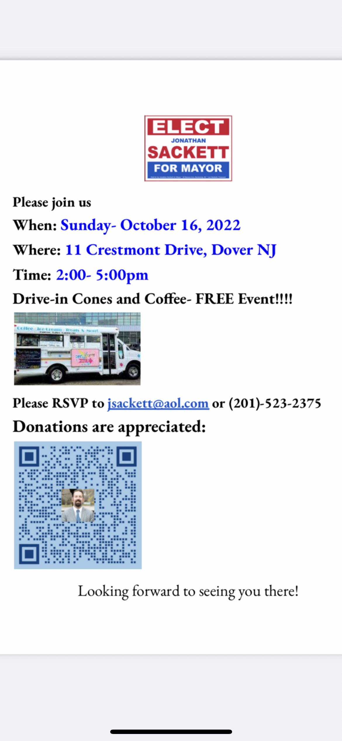 Sackett For Mayor Fundraiser: Drive -in Cones and Coffee - FREE EVENT!